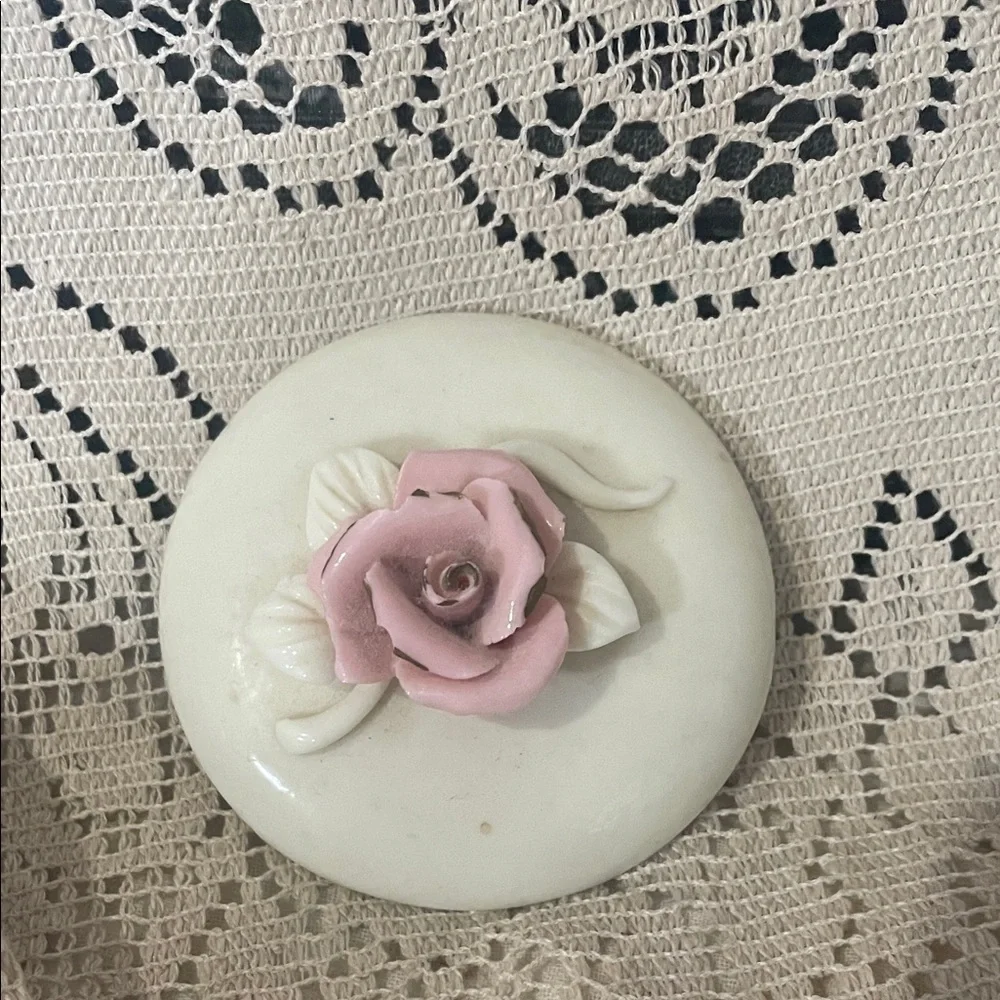 Ceramic Bunny trinket Jar with Pink Rose Accents - Cream